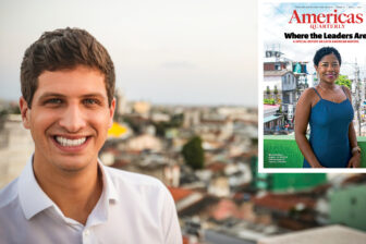 Mayor João Campos of Recife, Brazil, and an inset of cover of the Mayors issue of Americas Quarterly, showing another innovative mayor: María Emilsen Angulo of Tumaco, Colombia.