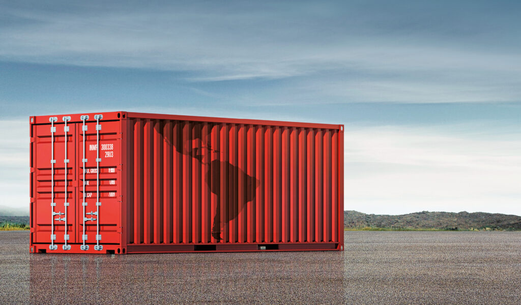 A shipping container with an outline of North and South America to explore intraregional trade.