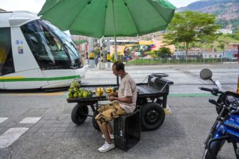 an informal worker, a street vendor selling fruit from a make shift stand, a modern transportation system in the background