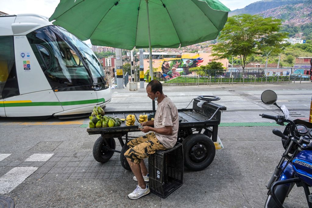 an informal worker, a street vendor selling fruit from a make shift stand, a modern transportation system in the background