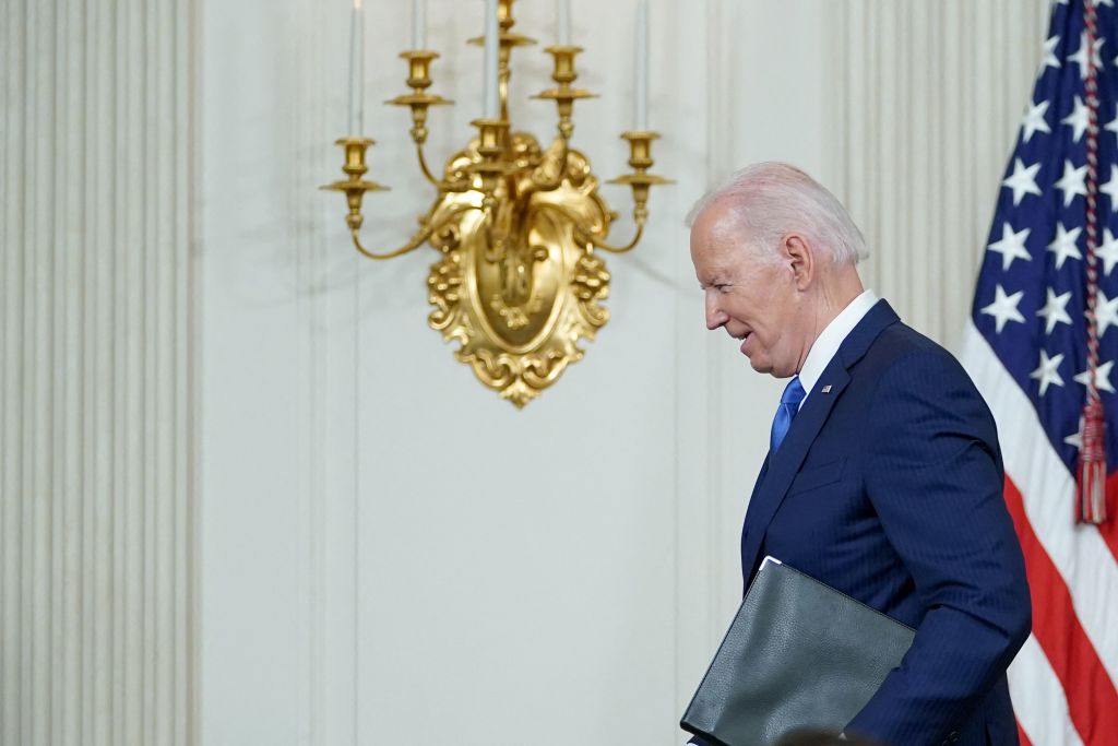 President Biden leaves a press conference after praising the Democrats' performance in the 2022 midterm elections.