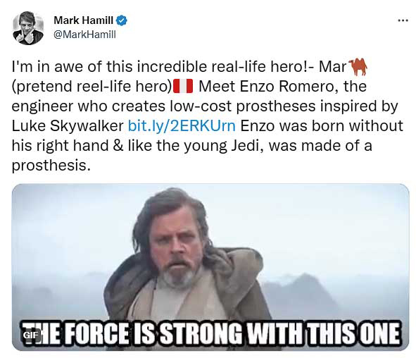 Mark Hamill of Star Wars fame tweeted his admiration for Peruvian prosthetics company LAT Bionics.