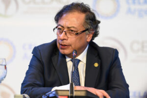 Colombian President Gustavo Petro speaks at a press conference as inflation rises, threatening his agenda.
