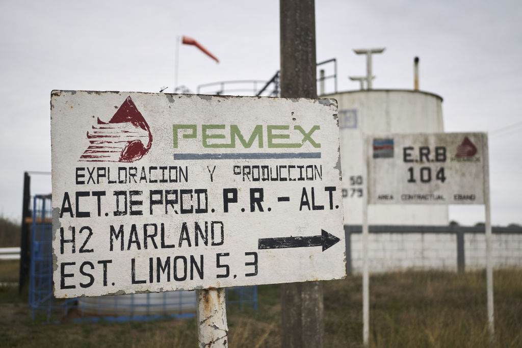 Sign for oil company Pemex at a plant in the state of San Luis Potosi.