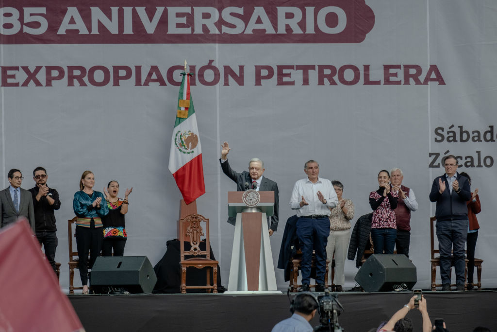 AMLO takes the stage at a rally in Mexico City on March 18. He has at his side Adan Augusto Lopez, Claudia Sheinbaum and Marcelo Ebrard, his potential successors.