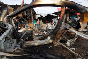 GUAYAQUIL, ECUADOR - APRIL 25: Wreckege of a car after a suspected car bomb exploded this morning outside "La Roca" prison on April 25, 2022 in Guayaquil, Ecuador. The cause of the explision is under investigation. (Photo by Mariana Miller/Agencia Press South/Getty Images)