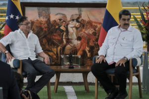 Gustavo Petro, Colombia's president, left, and Nicolas Maduro, Venezuela's president, meet at the Tienditas International Bridge in Cucuta, Colombia, on Thursday, Feb. 16, 2023. During the meeting near the border, the heads of state signed a memorandum of understanding focused on modernizing trade rules between Colombia and Venezuela. Photographer: Ferley Ospina/Bloomberg via Getty Images