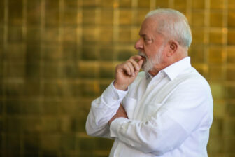 BRASILIA, BRAZIL - MARCH 30: President of Brazil Luiz Inácio Lula da Silva gestures during tour FIFA Women's World Cup Trophy during ahead of the upcoming World Cup Australia - New Zealand 2023 at Alborada Palace on March 30, 2023 in Brasilia, Brazil. (Photo by Andressa Anholete/Getty Images)