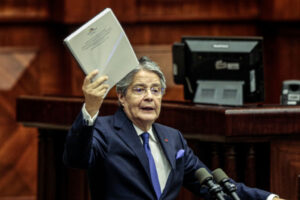 President of Ecuador Guillermo Lasso speaks during his impeachment trial the day before dissolving the county's legislature.