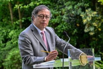 President of Colombia Gustavo Petro delivers remarks during a joint press conference with Portuguese Prime Minister Antonio Costa (not seen) at the end of their bilateral meeting in which they discussed cooperation on energy and drug trafficking combat at the PM official residence in Sao Bento, on May 06