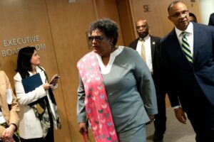 Prime Minister of Barbados Mia Mottley arrives for an MDB Evolution Roundtable at the International Monetary Fund (IMF) headquarters in Washington, DC, on April 12, 2023.