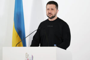 Volodymyr Zelenskiy, Ukraine's president, attends a news conference following the Group of Seven (G-7) leaders summit in Hiroshima, Japan, on Sunday, May 21, 2023. Zelenskiy suggested his country had lost control of the eastern city of Bakhmut after months of fierce fighting, but described it as a Pyrrhic victory for Russia. Photographer: Louise Delmotte/AP Photo/Bloomberg via Getty Images