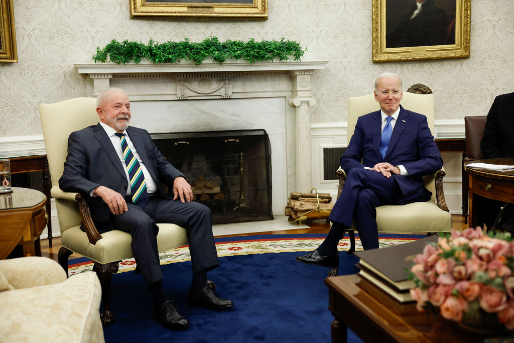 WASHINGTON, DC - FEBRUARY 10: U.S. President Joe Biden (R) and Brazil President Luiz Inácio Lula da Silva speak to the press before a bilateral meeting in the Oval Office of the White House on February 10, 2023 in Washington, DC. President Lula da Silva is visiting the United States for the first time since being elected as Brazil’s president. (Photo by Anna Moneymaker/Getty Images)