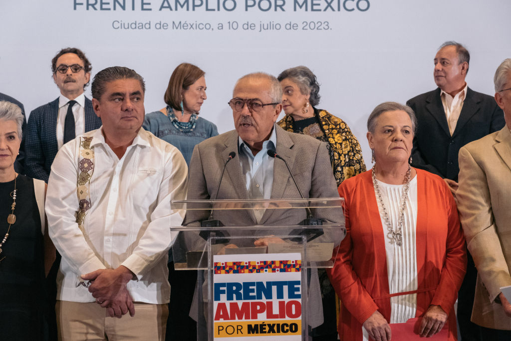 Juan Manuel Herrero Alvarez, owner of Suasor Consultores SA de CV, center, during an event in Mexico City, Mexico, on Monday, July 10, 2023. The alliance of opposition parties known as 'El Frente Amplio por Mexico,' made by the National Action Party, the Institutional Revolutionary Party and the Democratic Revolution Party, announced a final list of candidates for nomination in the 2024 federal elections. Photographer: Jeoffrey Guillemard/Bloomberg via Getty Images
