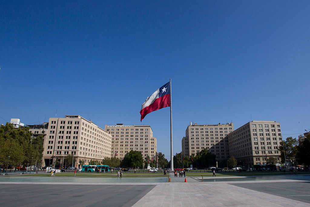 SANTIAGO, CHILE - FEBRUARY 23: View of a Chilean flag at the entrance of Paseo Bulnes on February 23, 2015 in Santiago de Chile, Chile. Santiago will be one of the eight host cities of the next Copa America Chile 2015 from June 11th to July 04th. (Photo by Marcelo Hernandez/LatinContent via Getty Images)
