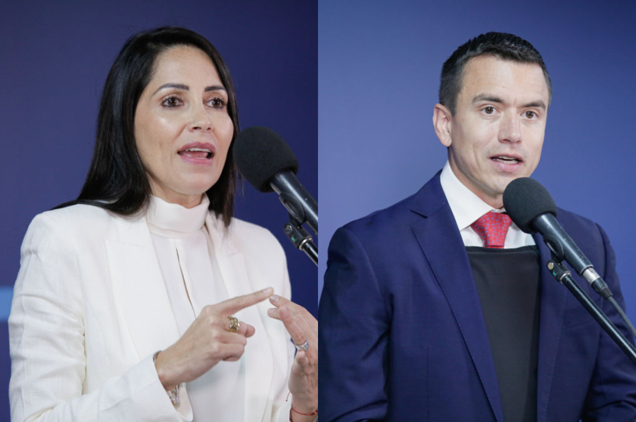 Luisa González, left, and Daniel Noboa, right, participate in Ecuador's August 13 presidential debate.
