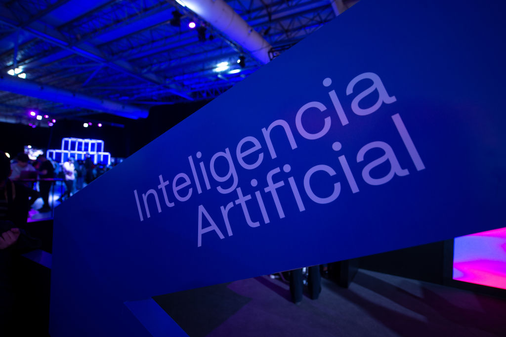 A sign reading "artificial intelligence" at the IT Joven technology fair in Buenos Aires, Argentina, in April 2023