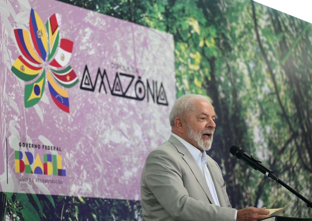 Brazilian President Luiz Inácio Lula da Silva speaks at a summit of leaders from other Amazon Basin nations in Belém in August 2023.