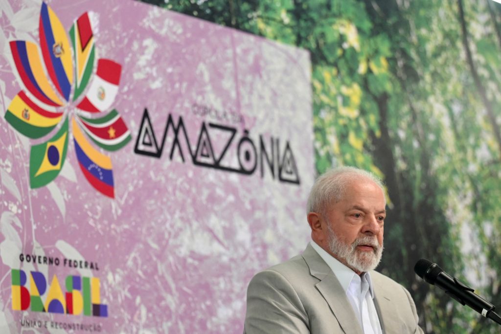 Brazilian President Luiz Inácio Lula da Silva addresses the press during the Amazon summit in Belém on August 9.
