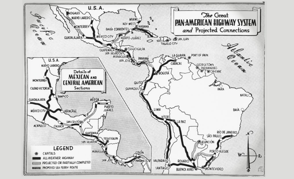 This 1942 map illustrates plans for the Pan-American Highway connecting North and South America through the Darién.
Five years earlier, Canada, the U.S. and 12 Latin American states had signed a convention committing to build it.