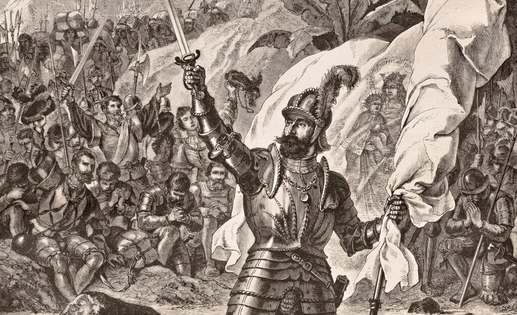 A 19th-century engraving by an unknown artist presents a romanticized
image of Vasco Núñez de Balboa’s arrival at the Pacific shore of the Darién
Gap in 1513. Portrayals like this one sought to glorify European explorers
and downplay or ignore the destruction they wrought.