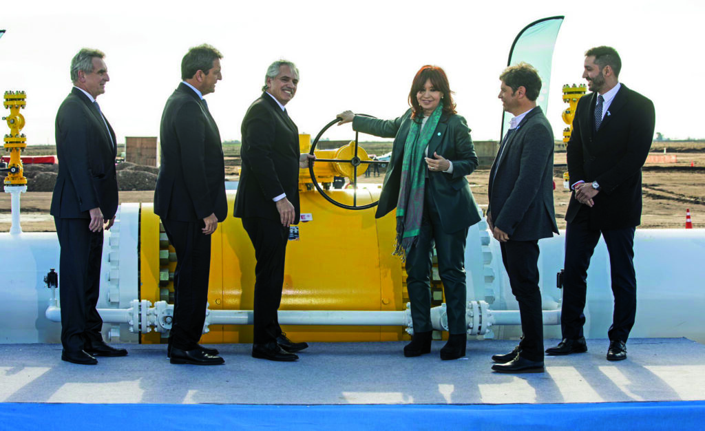 Argentine President Alberto Fernández, third from left, and Vice President Cristina Fernández de Kirchner, third from right, at the ceremonial opening of the Néstor Kirchner pipeline in Salliqueló, in Buenos Aires province.