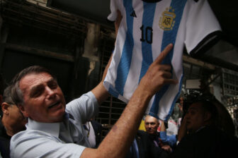 Former President of Brazil Jair Bolsonaro poses with an Argentina jersey, after visiting Argentine President Javier Milei in Buenos Aires in December.