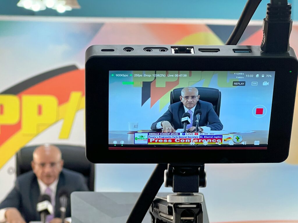 Vice President Bharrat Jagdeo, perceived as one of the country’s most powerful leaders, has ruled out creating a national oil company. Here he speaks at a PPP/C party press conference on November 2023. Photo by José Enrique Arrioja.