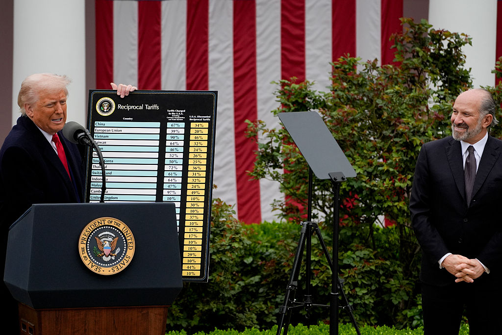 President Donald Trump, left, and Commerce Secretary Howard Lutnick, during the tariff announcement on April 2. REACTION: Trump’s Reciprocal Tariffs
