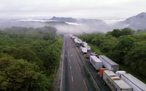 Hundreds of trucks stand stranded by highway blockades in Panama's Veraguas Province on May 14.