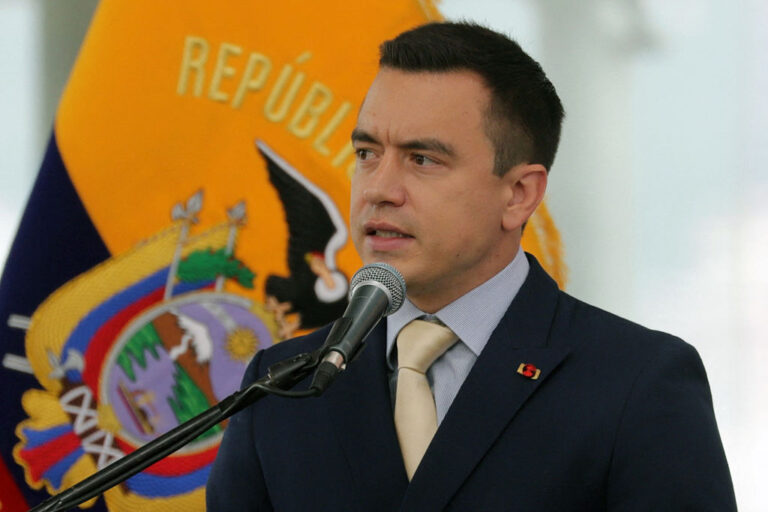 Ecuador's President Daniel Noboa speaks in Quito on May 15