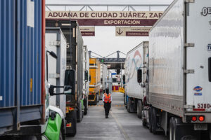 Tractor trailers wait at the U.S.-Mexico border in Juárez, Mexico, in April.