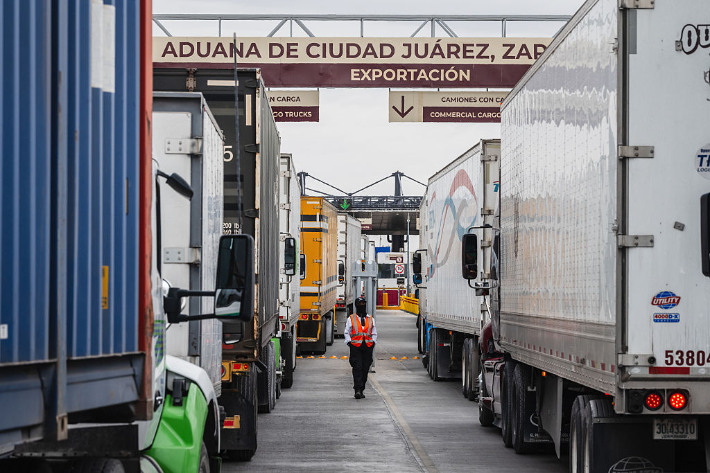Tractor trailers wait at the U.S.-Mexico border in Juárez, Mexico, in April.