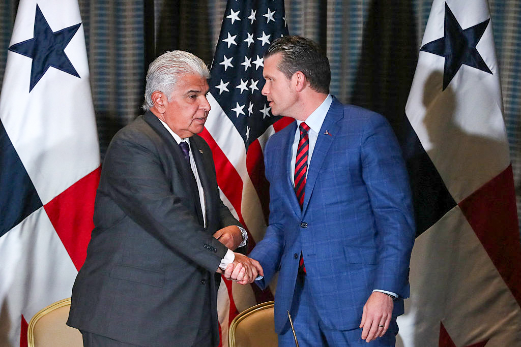 Panama's President José Raúl Mulino greets U.S. Defense Secretary Pete Hegseth in Panama City in April.