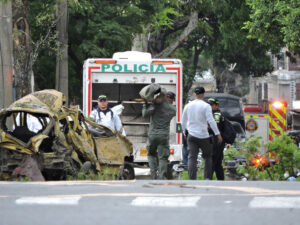 Explosives left six dead and more than 60 wounded outside an airbase in Cali, Colombia, on August 21.
