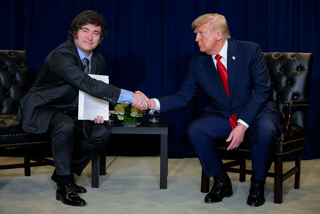 NEW YORK, NEW YORK - SEPTEMBER 23: U.S. President Donald Trump (R) shakes hands with President of Argentina Javier Milei during a bilateral meeting at the 80th session of the UN’s General Assembly (UNGA) at the United Nations headquarters on September 23, 2025 in New York City. World leaders convened for the 80th Session of UNGA, with this year’s theme for the annual global meeting being “Better together: 80 years and more for peace, development and human rights.” (Photo by Chip Somodevilla/Getty Images)