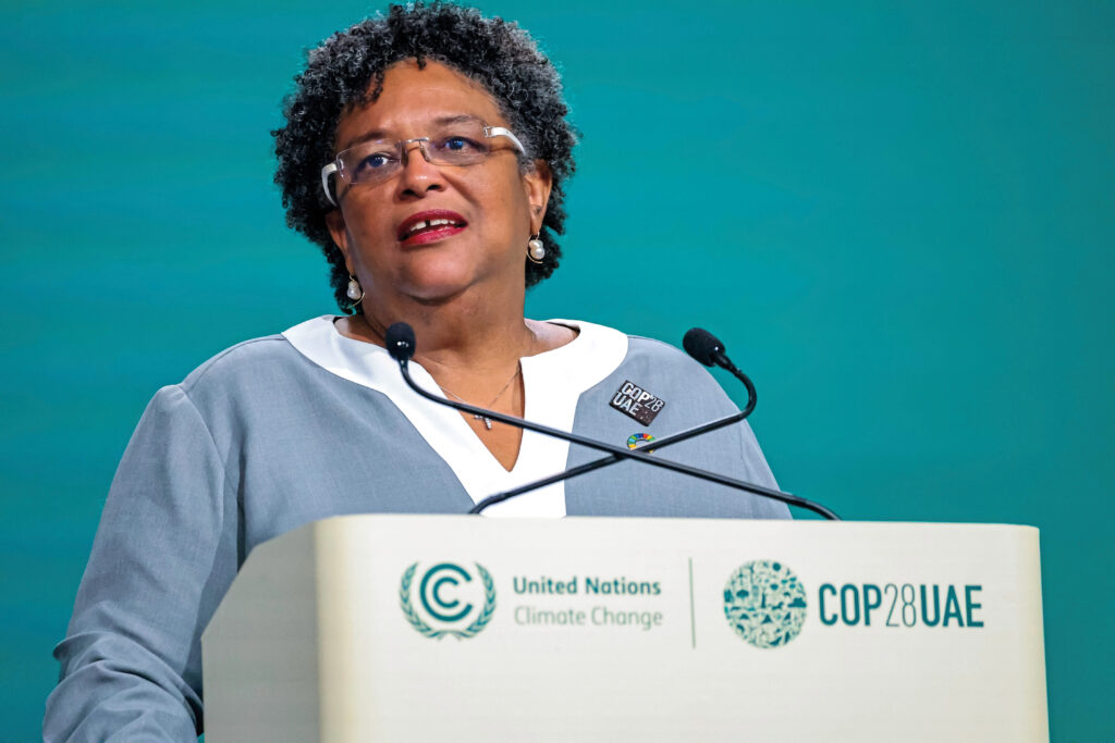 Barbados' Prime Minister Mia Mottley speaks at the COP28 UN climate conference in Dubai in 2023.