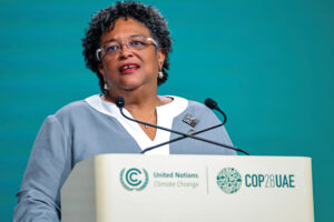 Barbados' Prime Minister Mia Mottley speaks at the COP28 UN climate conference in Dubai in 2023.