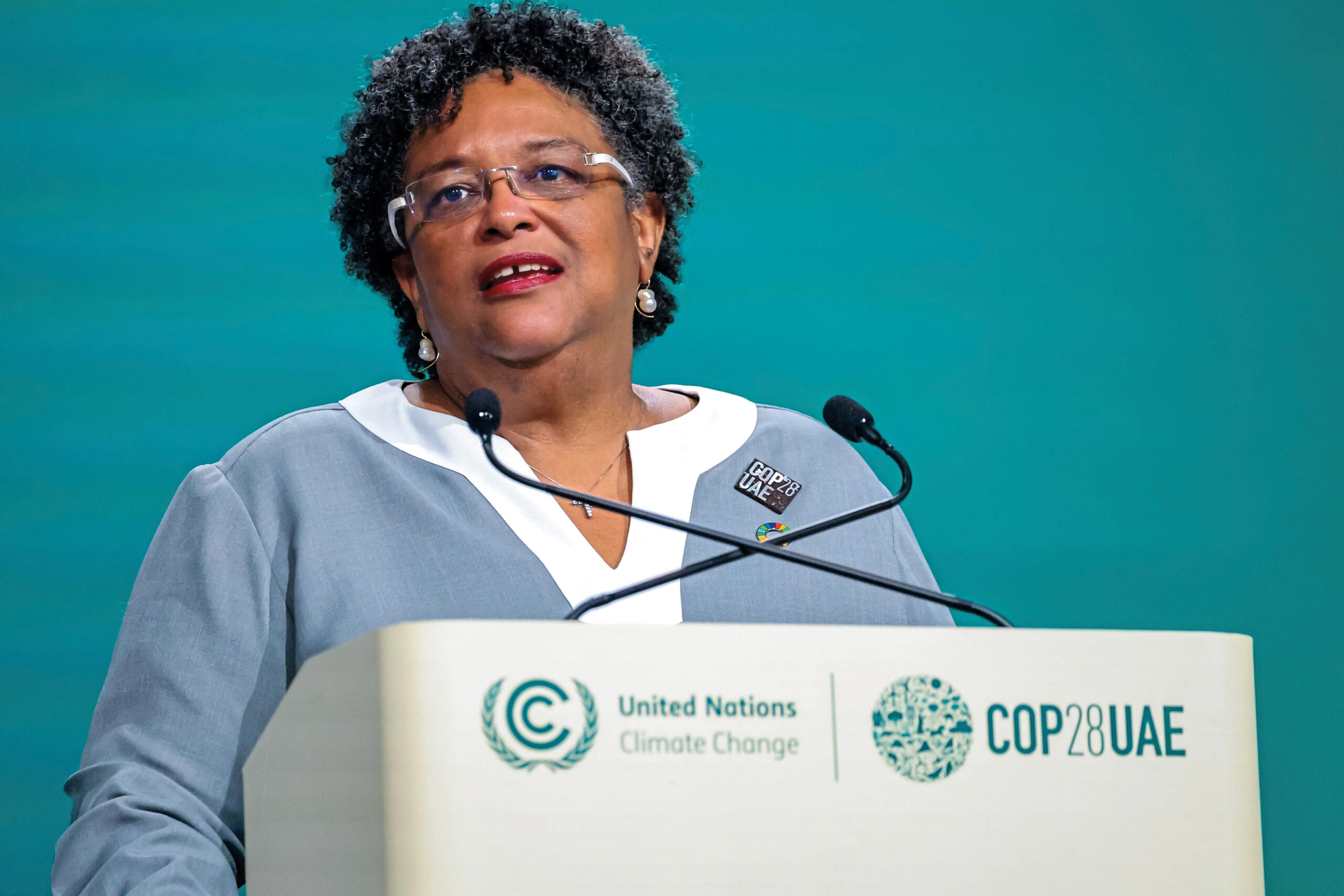 Barbados' Prime Minister Mia Mottley speaks at the COP28 UN climate conference in Dubai in 2023.