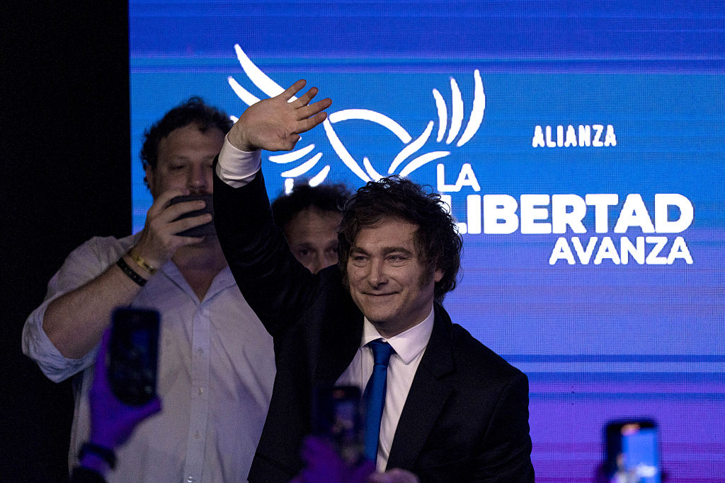Javier Milei, Argentina's president, at an election night rally in Buenos Aires on Sunday, Oct. 26, 2025.