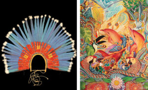 Left: Headdress by the Boe people of the Brazilian Amazon, on view at the Musée du quai Branly - Jacques Chirac. Right: Pablo Amaringo, "El baile de los Puca-bufeos," 2009, on view at Americas Society.