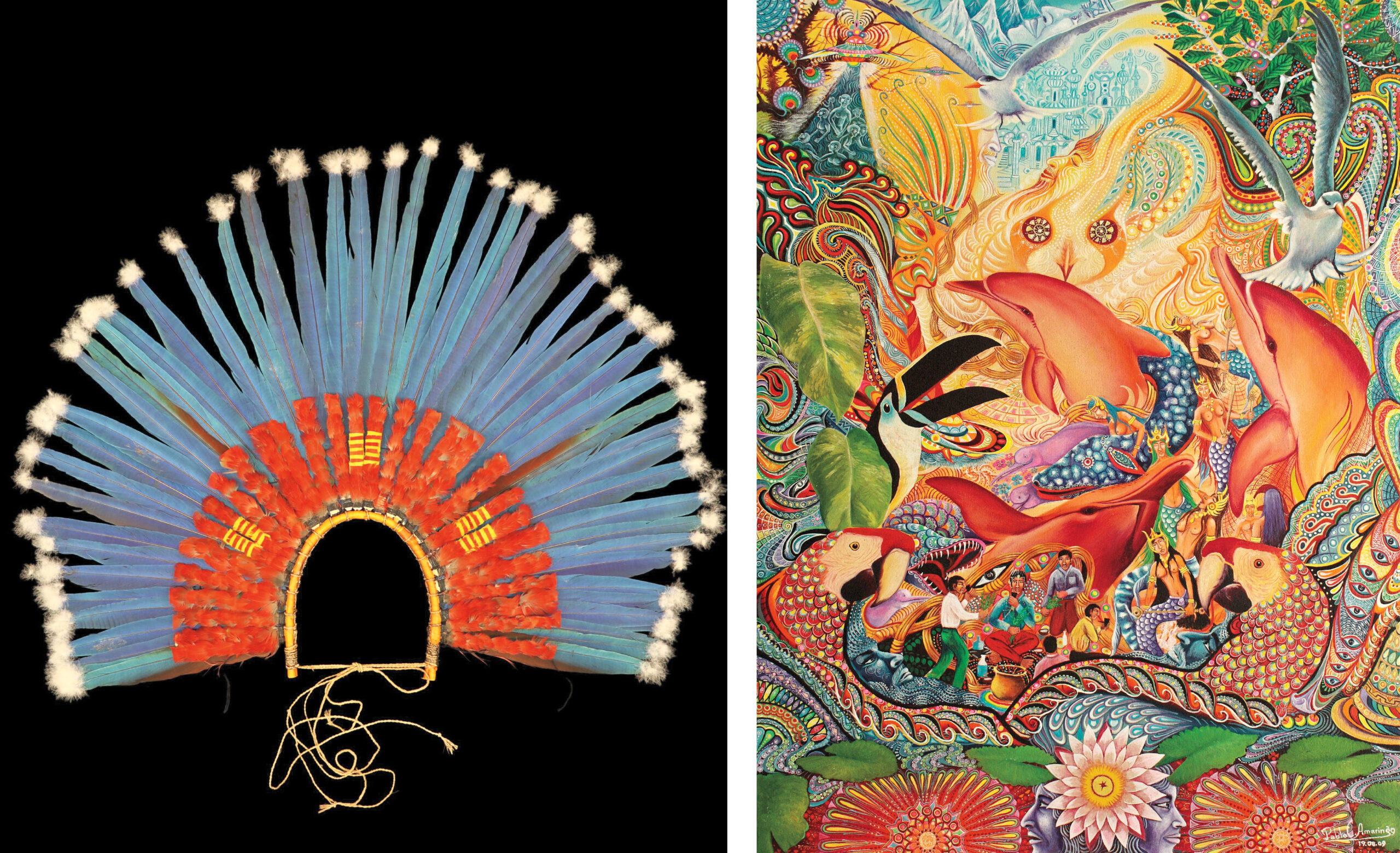Left: Headdress by the Boe people of the Brazilian Amazon, on view at the Musée du quai Branly - Jacques Chirac. Right: Pablo Amaringo, "El baile de los Puca-bufeos," 2009, on view at Americas Society.
