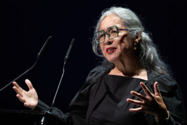 Cristina Rivera Garza speaks in Berlin in 2025.