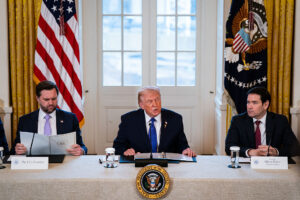From left: Vice President JD Vance, President Donald Trump, and Secretary of State Marco Rubio during a meeting with oil executives in the White House on Jan. 9.