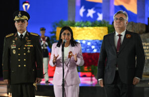 Venezuelan Defense Minister Vladimir Padrino López, then-Vice President Delcy Rodríguez and Russian Ambassador Sergey Mélik-Bagdasárov appear at an event in Caracas in May 2025.