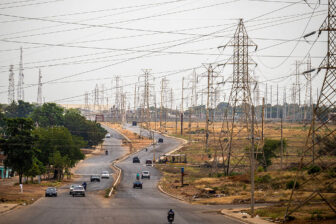 A set of electrical towers next to a road in the Western city of Maracaibo, Venezuela, in early February.