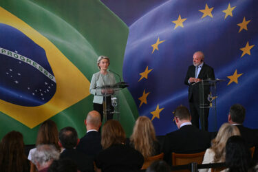 President of the European Commission, Ursula von der Leyen, speaks next to Brazil's President, Luiz Inacio Lula da Silva, in Rio de Janeiro in January.