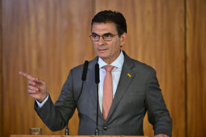 Bolivian President Rodrigo Paz during a press conference in Brasília on March 16