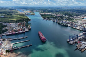 A container ship enters the Panama Canal in April.