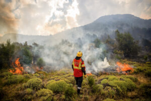 A firefighter works to extinguish a forest fire in Argentina’s Chubut province in February.